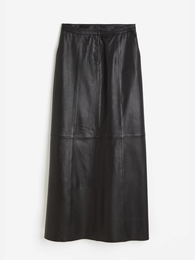H&M Lambskin Leather Skirt Black A-Line Maxi Long Size 8